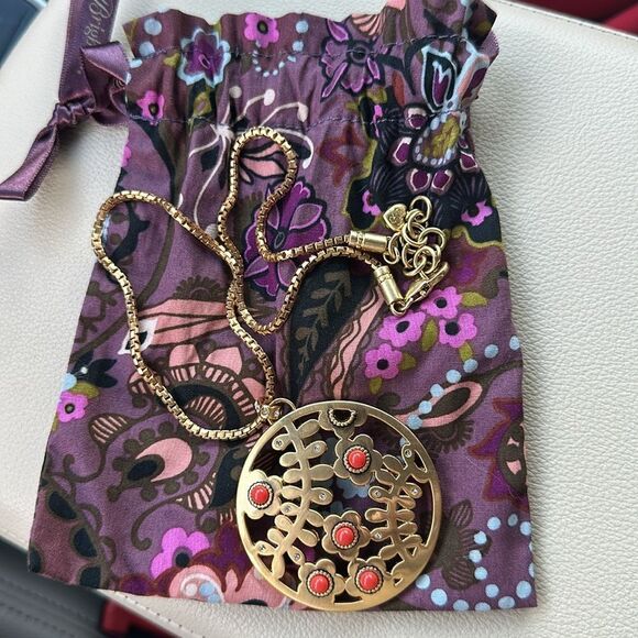BRIGHTON FRANCESCA Floral Gold Disc Orange Beaded Pendant NECKLACE + pouch - Picture 1 of 5